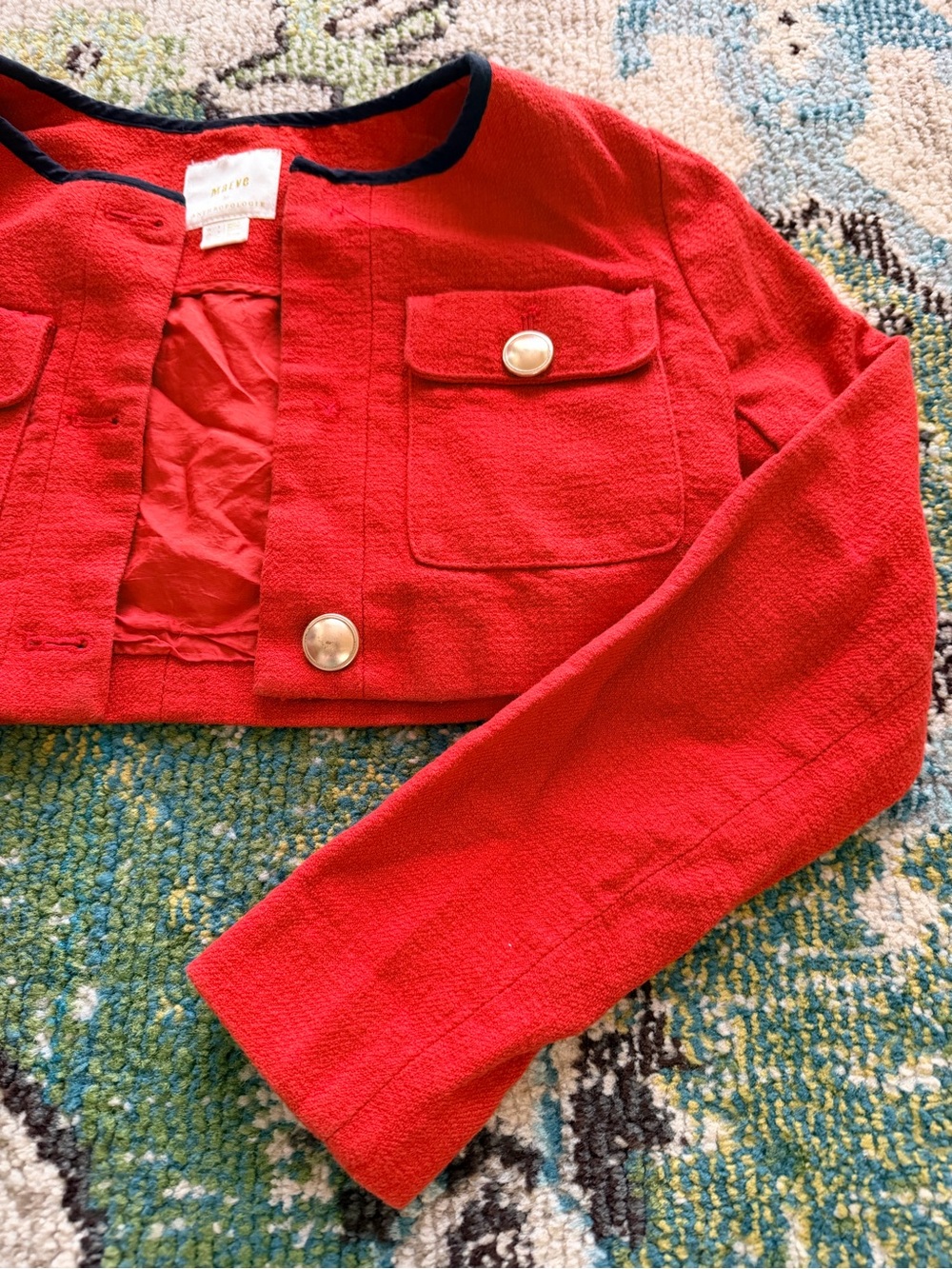 Anthropologie Maeve Red Cropped Tweed Jacket with Contrast Trim - Picture 4 of 10